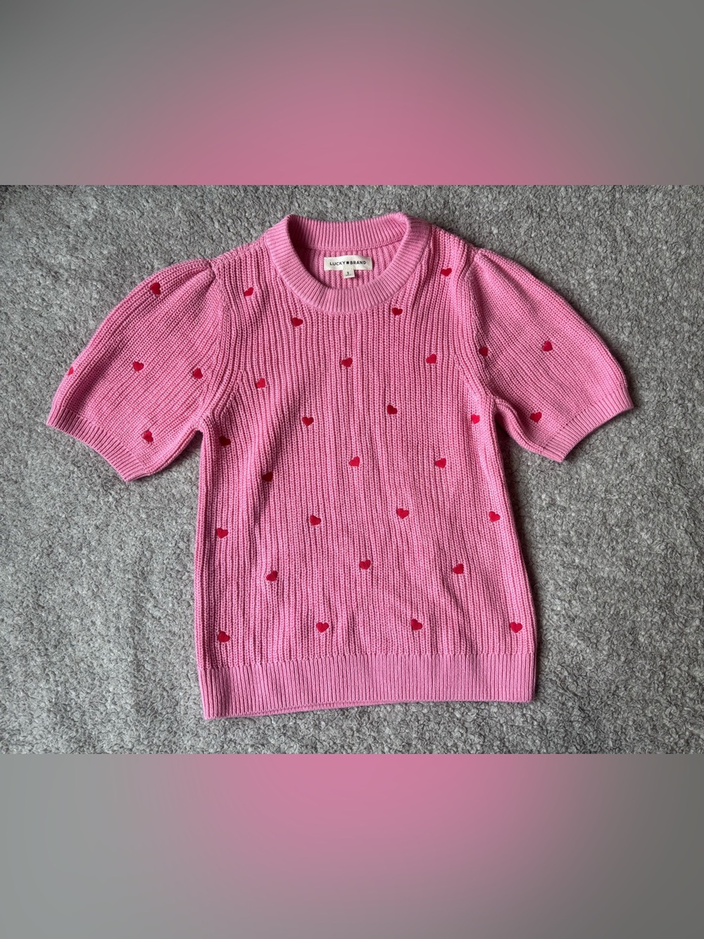 Lucky Brand Heart Embroidered Knit Sweater Pink Puff Sleeve Coquette Size Small